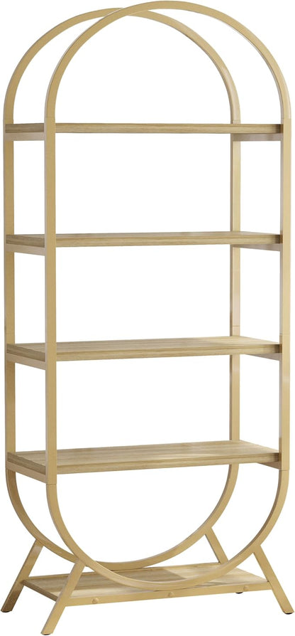 Arched Bookshelf,5-Tier Tall Wide Open Bookshelf,Modern Brown Storage Display Rack Shelving Unit for Office, Bedroom, Living Room, Easy Assembly, Gold and Nature Wood