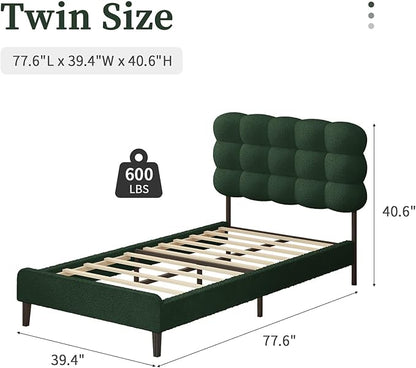 BarnFurin Twin Bed Frame with Upholstered Headboard, Teddy Soft Boucle Fabric, Platform Bed with Strong Wooden Slats Support, Two Bed Forms Design, No Boxing Spring Needed, Easy Assembly, Green