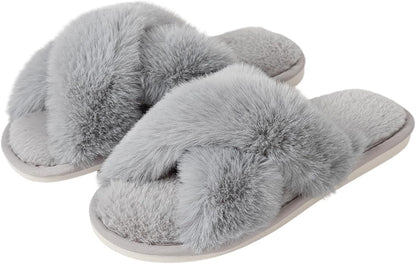 Women's Slipper Memory Foam Cross Band Fuzzy Slippers Open Toe Cozy House Slippers Cozy Plush Bedroom Indoor Outdoor
