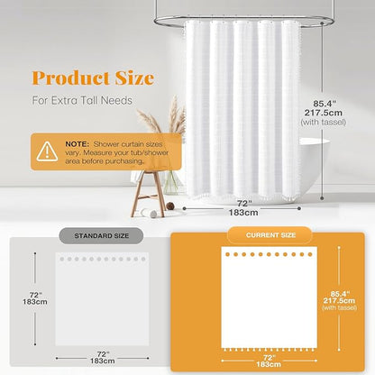 BTTN Extra Long Shower Curtain, 72x84 Inch Long Boho Tassel Linen Fabric Thick Shower Curtain Set with Plastic Hooks, Large Modern Farmhouse Country Textured Cloth Shower Curtains for Bathroom, White