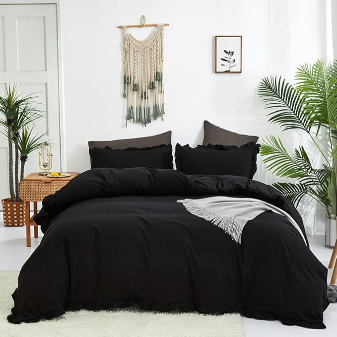 CLOTHKNOW Black Ruffles Full Size Comforter Sets Farmhouse Bedding Comforter Sets Soft Shabby Chic Comforters Black Comforter with 2 x Pillow Cases