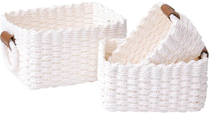 LA JOLIE MUSE Woven Storage Baskets for Organizing, Recycled Paper Rope Basket Bin Divider for Makeup Towel Shelf Cupboards Drawer, Decorative White Storage Basket Set of 3