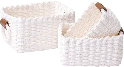 LA JOLIE MUSE Woven Storage Baskets for Organizing, Recycled Paper Rope Basket Bin Divider for Makeup Towel Shelf Cupboards Drawer, Decorative White Storage Basket Set of 3