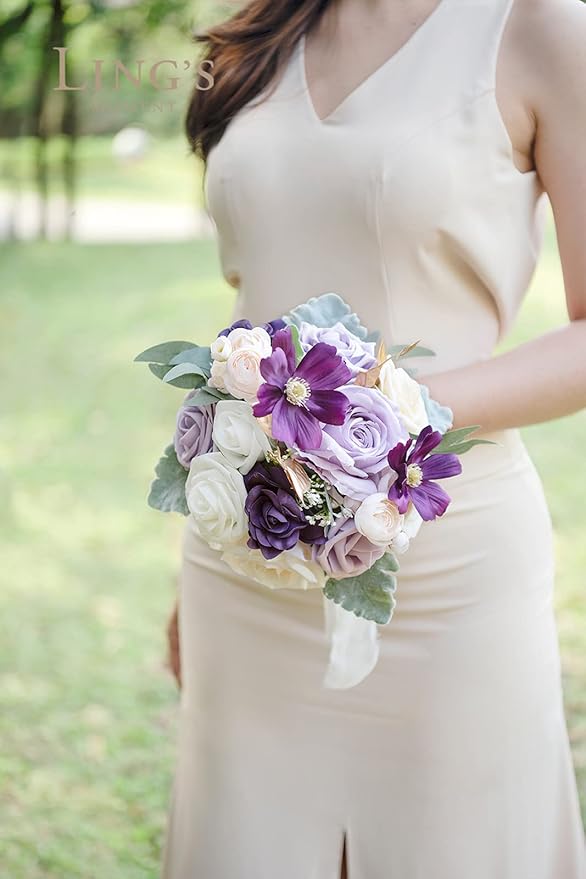 Ling's moment Artificial Flowers Purple Bridesmaid Bouquet, Lavender Wedding Flowers Bouquets for Bridesmaids, 7 Inch Bridal Bouquets for Bridesmaids, Wedding, Ceremony, Anniversary, etc