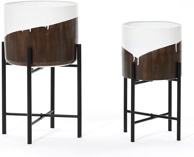 LuxenHome Modern Planter Pots, Set of 2 Planters for Indoor Plants, White and Brown Large Planters with Black Metal Stand, Flower Pots for Living Room, Office, Garden or Balcony, 10.25 & 12.5 Inch