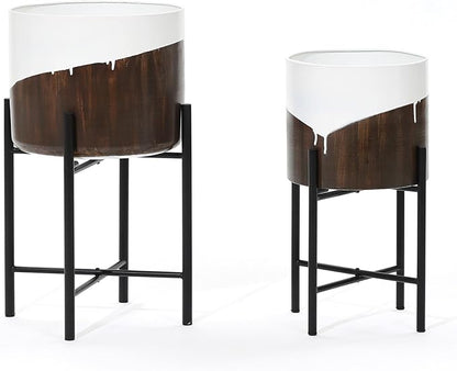 LuxenHome Modern Planter Pots, Set of 2 Planters for Indoor Plants, White and Brown Large Planters with Black Metal Stand, Flower Pots for Living Room, Office, Garden or Balcony, 10.25 & 12.5 Inch