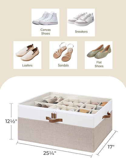 StorageWorks Shoe Organizer for Closet, Fits up to 24 Pairs, Shoe Cubby Storage Containers with Adjustable Dividers and Clear Cover, Brown & White