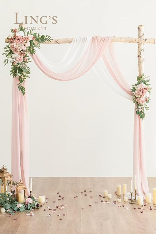 Ling's Moment Pink Artificial Wedding Arch Flowers Kit Pack of 4, 2pcs Hanging Flower Arrangement 2pcs Chiffon Drapes Ceremony Reception Spring Silk Rose Arbor Backdrop Floral Garden Outdoor Decor