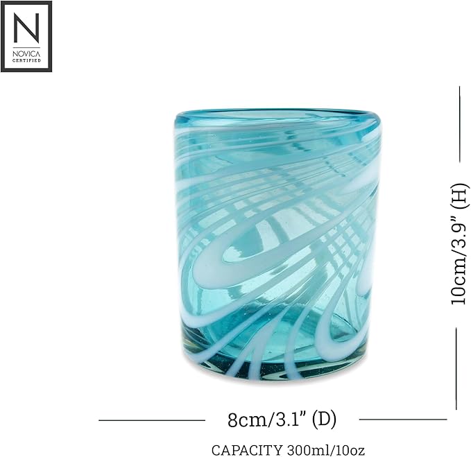 NOVICA Light Blue And White Swirl Hand Blown Glass Rock Glasses, 11 Oz, 'Whirling Aquamarine' (Set Of 6)