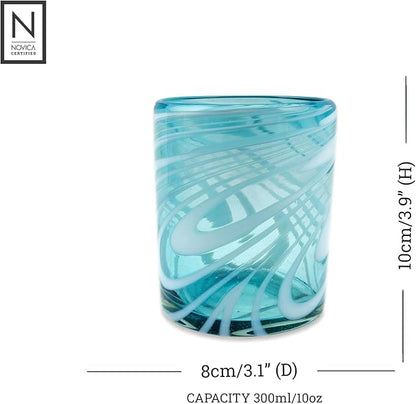 NOVICA Light Blue And White Swirl Hand Blown Glass Rock Glasses, 11 Oz, 'Whirling Aquamarine' (Set Of 6)