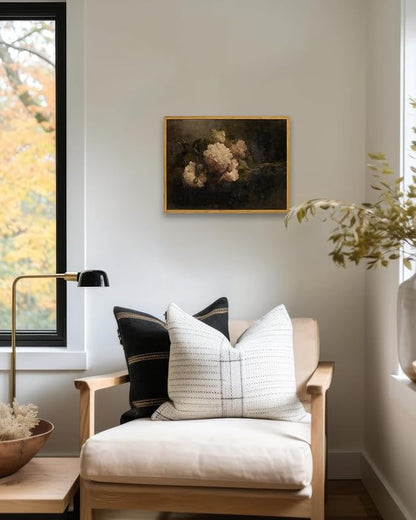 KBKBART Framed Canvas Wall Art Vintage , Dark Vintage Still Life Flower Canvas Oil Painting, Classical Moody Peony Bouquet Prints for Wall Decor, Antique Floral Art Painting Victorian Decor Artwork for Bedroom Living Room Bathroom Gallery(12"x16")