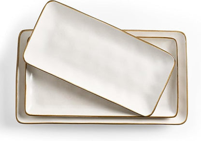 famiware Serving Platter, Rectangular 15.67/14.1/12.6inch Serving Dishes for Entertaining, Dishwasher Safe, Stoneware for Party, Food, Turkey, Snack, Cheese, Reactive Glaze, Matte White