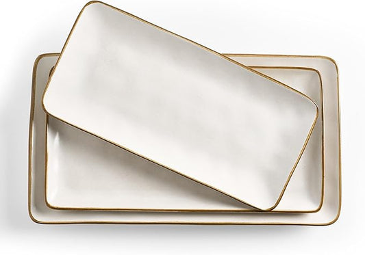 famiware Serving Platter, Rectangular 15.67/14.1/12.6inch Serving Dishes for Entertaining, Dishwasher Safe, Stoneware for Party, Food, Turkey, Snack, Cheese, Reactive Glaze, Matte White