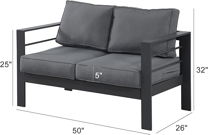 Wisteria Lane Patio Furniture Aluminum Loveseat, All-Weather 2 Seats Outdoor Chair, Gray Metal Chair with Dark Grey Cushions