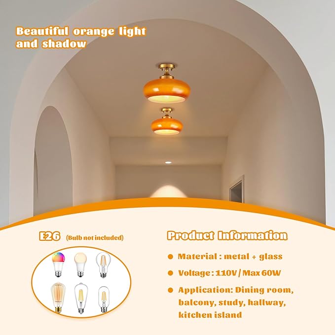 Mid Century Modern Gold Semi Flush Mount Ceiling Light Classic Orange Ceiling Lamp Vintage Glass Kitchen Light Fixture for Hallway Entryway Living Room Bathroom