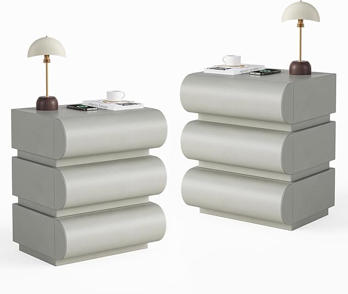 homary 2-Drawer Smart Nightstands Set of 2 with Wireless Charging Station, USB & Type-C Ports, Faux Leather Light Gray Night Stands Modern Bedside Tables for Bedroom Storage, Fully Assembled