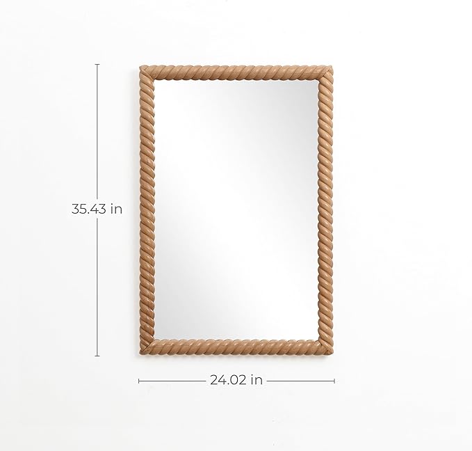 LuxenHome Rectangle Wall Mirror for Bathroom, 24"x35" Large Beech Wood Framed Wall Mounted Decorative Vanity Mirror for Living Room Bedroom Decor, Hanging Sculptures Accent for Entryway Hall Home