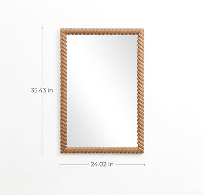 LuxenHome Rectangle Wall Mirror for Bathroom, 24"x35" Large Beech Wood Framed Wall Mounted Decorative Vanity Mirror for Living Room Bedroom Decor, Hanging Sculptures Accent for Entryway Hall Home
