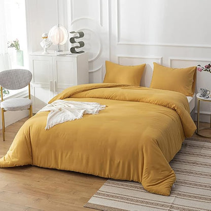 CLOTHKNOW Mustard Yellow Full Comforter Set 3Pcs Dark Yellow Bedding Comforter Sets Turmeric Comforter Full Size Soft Yellow Comforter Sets Full