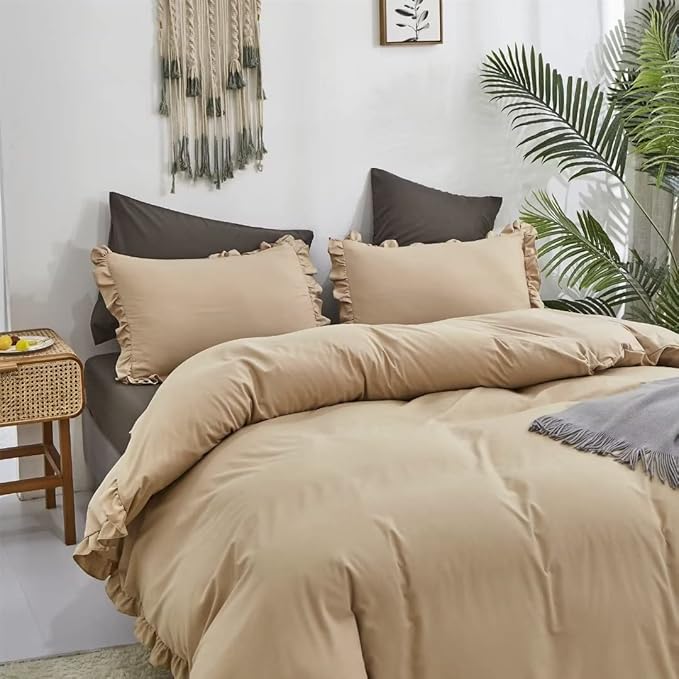 CLOTHKNOW Taupe Ruffles Twin/Twin XL Comforter Set 3Pcs Farmhouse Bedding Comforter Sets Soft Shabby Chic Comforter with 2 x Pillow Cases