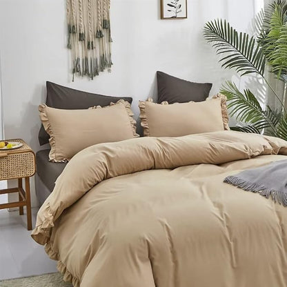 CLOTHKNOW Taupe Ruffles Twin/Twin XL Comforter Set 3Pcs Farmhouse Bedding Comforter Sets Soft Shabby Chic Comforter with 2 x Pillow Cases