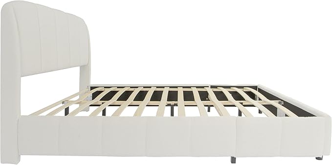 Queen Size Bed Frame, Upholstered Cloud Boucle Platform Beds Frames with Headboard, Anti-Collision Soft Rounded Corners Footboard, No Box Spring Required, Easy Assembly (44.5" Beige, Queen)