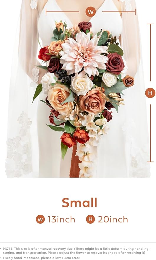 Ling's moment Terracotta Bridal Bouquet Cascading, Orange Wedding Bouquets for Bride, 13 Inch Bride Bouquets for Wedding Artificial Flowers Bouquets