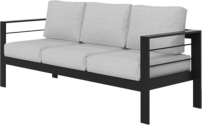 Wisteria Lane Patio Furniture Aluminum Outdoor Chair, All-Weather Outdoor 3 Seats Outdoor Chair, Black Metal Chair with Light Grey Cushions