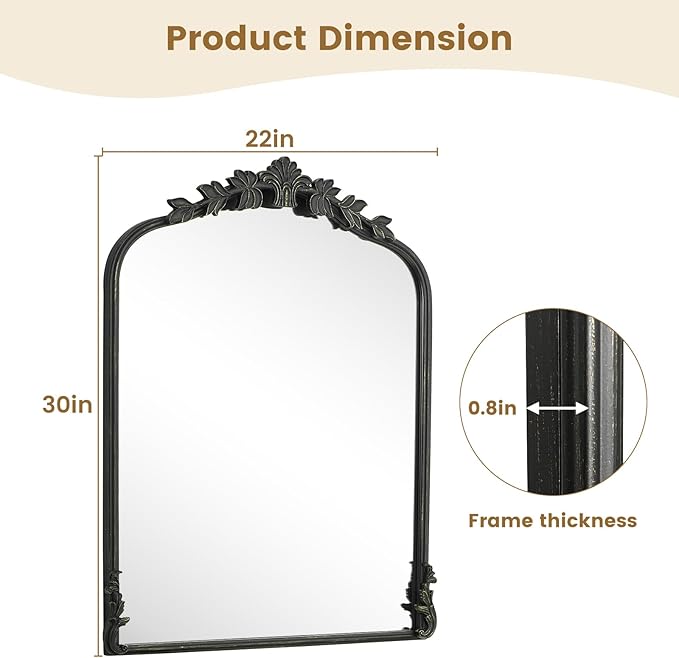 WallBeyond Black Antique Mirror for Vanity 22x30 Inch, Black Vintage Mirror with Ornate Frame, Arched Vintage Wall for Bathroom, Living Room, Fireplace