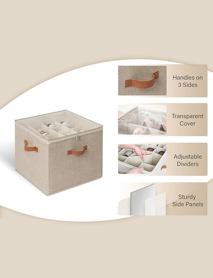 StorageWorks Shoe Organizer for Closet, Fits up to 16 Pairs, Shoe Cubby Storage Containers with Adjustable Dividers and Clear Cover, Mixing of Brown & Beige