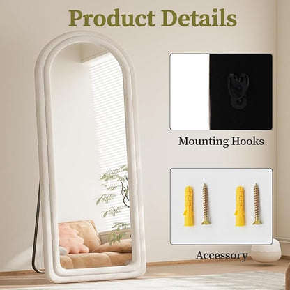 Koonmi 63"x24" Arched Mirror Full Length, Full Body Freely Standing Mirror, Flannel Floor Mirror with Stand for Bedroom, Living Room, Hanging or Against The Wall, White
