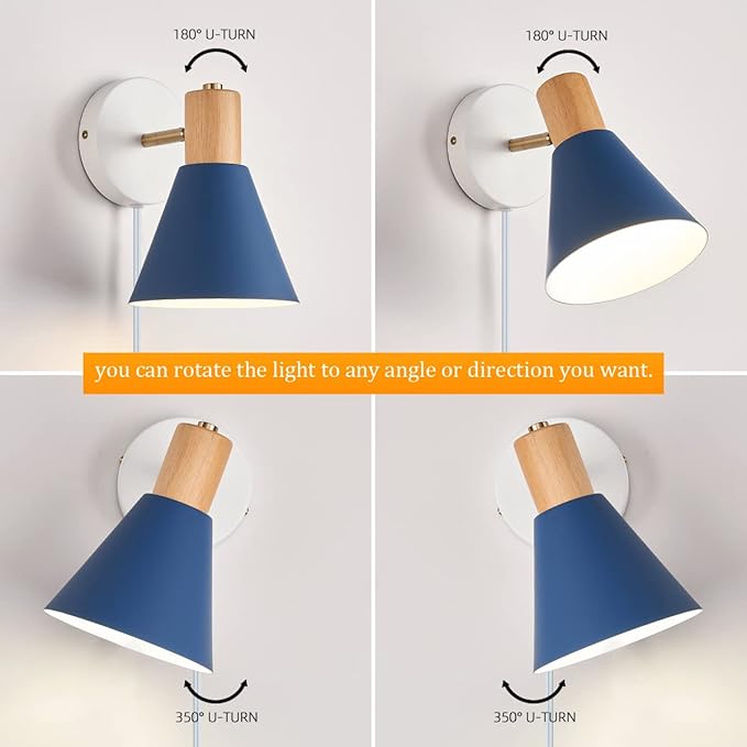 Plug in Wall Sconces Lighting Fixture Pack of 2, Wooden Adjustable Bedside Wall Lamp for Industrial Bedroom, Bathroom Sink Lighting (Plug-in Blue, 2)
