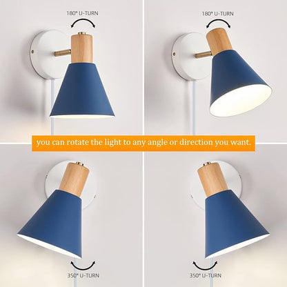 Plug in Wall Sconces Lighting Fixture Pack of 2, Wooden Adjustable Bedside Wall Lamp for Industrial Bedroom, Bathroom Sink Lighting (Plug-in Blue, 2)