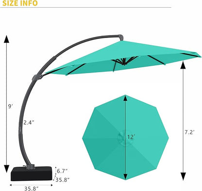 Kingdura 12ft Offset Cantilever Patio Umbrella with Base Included, Large Round Aluminum Outdoor Umbrella, 360° Rotation & Infinite Tilt, Heavy Duty Frame for Deck Pool Backyard, Turquoise blue