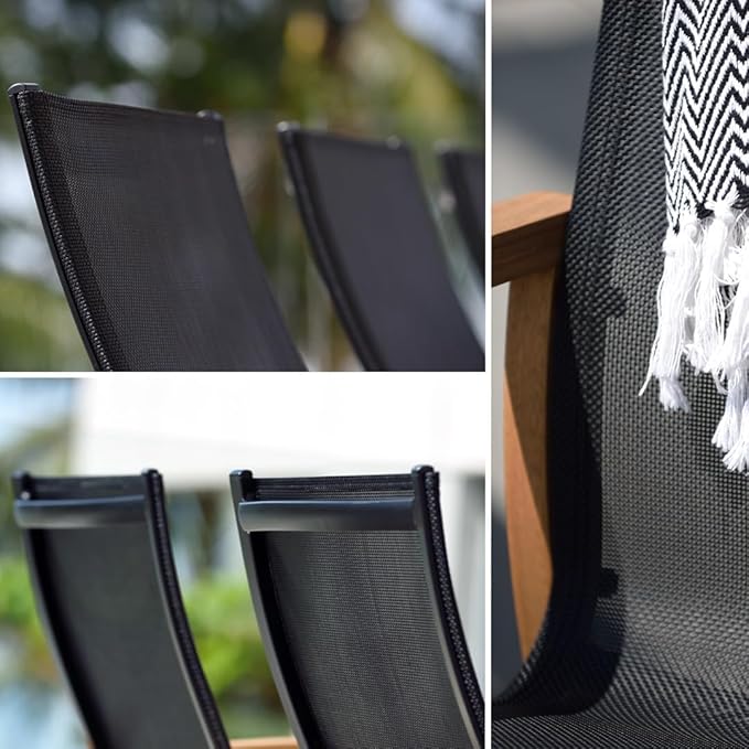 Amazonia Bahamas | Black and Quick dry Sling Chairs | Teak Finish | Durable and Ideal for Indoors and Outdoor Chairs  (Set of 4), Round 5-Piece