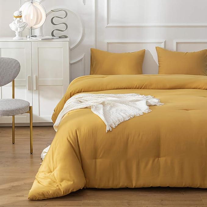 Pureant Mustard Comforter Set California King Dark Yellow Bedding Comforter Sets Solid Yellow Cal King Comforter for Women Girls Soft Plain Turmetric Comforter Sets Solid Ginger Blanket