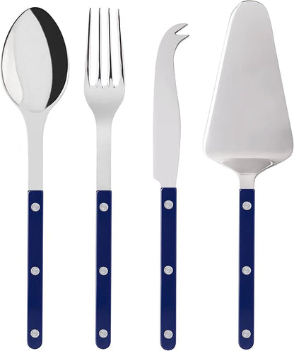 4-Piece Serving Set - Bistrot Collection - 2 Serving Flatware, Serrated Pie Server, Large Cheese Knife - Stainless Steel & Nylon - Dishwasher Safe - Navy Blue - Brilliant Finish