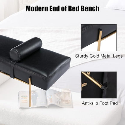 Modern End of Bed Bench, Upholstered Entryway Bench with Detachable Pillow for Living Room, PU Leather Ottoman Bench with Gold Metal Legs, Comfy Cushion Bedroom Decoration Benches (Black)