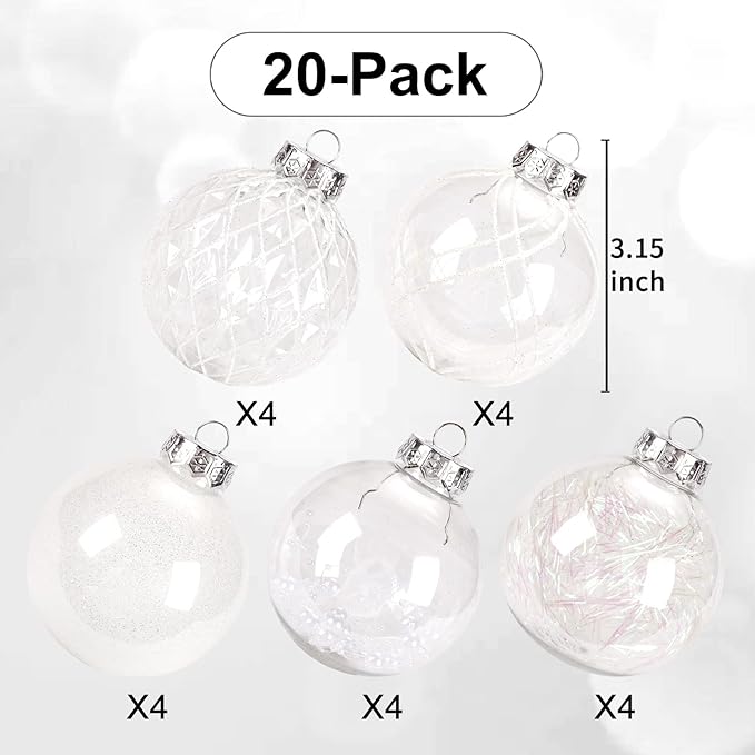 Christmas Ball Ornaments Set, 20ct Large Clear Shatterproof 80mm/3.15" White Christmas Ornaments for Christmas Tree Hanging Decorative Bauble for Halloween Thanks Giving Xmas Wedding Party