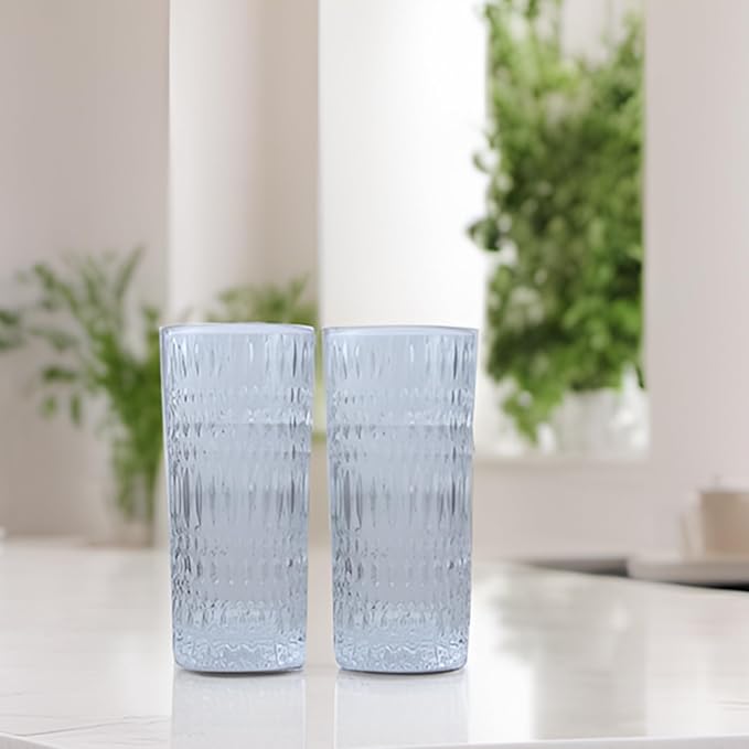 Highball Glasses Set of 4 15oz Vintage Glass Cups Fits Dinner Party - Unique Texture, Dishwasher Safe