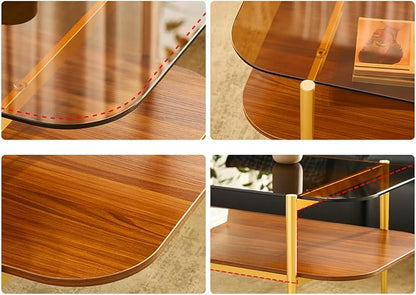Saint Mossi Tadio Double Layer Glass Coffee Table for Living Room, Brown Glass & Coffee Brown MDF Bottom Shelf with Rounded Corners, L41xW21xH17