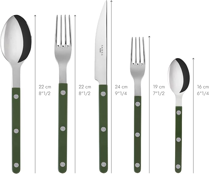 5-Piece Flatware Set - Bistrot Collection - Knife, Fork, Soup Spoon, Teaspoon & Dessert Fork - Stainless Steel & Nylon - Dishwasher Safe - Green - Brilliant Finish