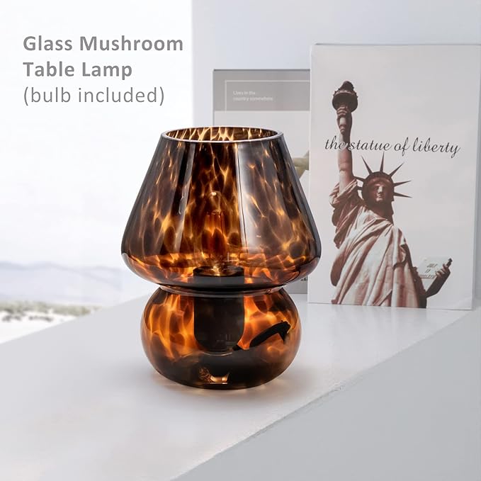 ONEWISH Mushroom Lamp Small Vintage Table Lamp for Bedroom Nightstand, Bedside Lamp Translucent Glass Stepless Dimmable, Murano Aesthetic Home Decor for Living Room Kitchen(Black)
