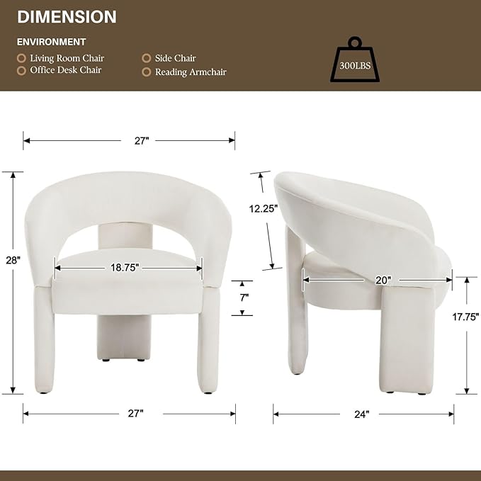 Modern Accent Chairs Set of 2 Cream Velvet Round Barrel Armchairs Comfy Upholstered Lounge Chair for Living Room Bedroom Reading Chair Vanity Chair Comfy Office Waiting Room Chairs