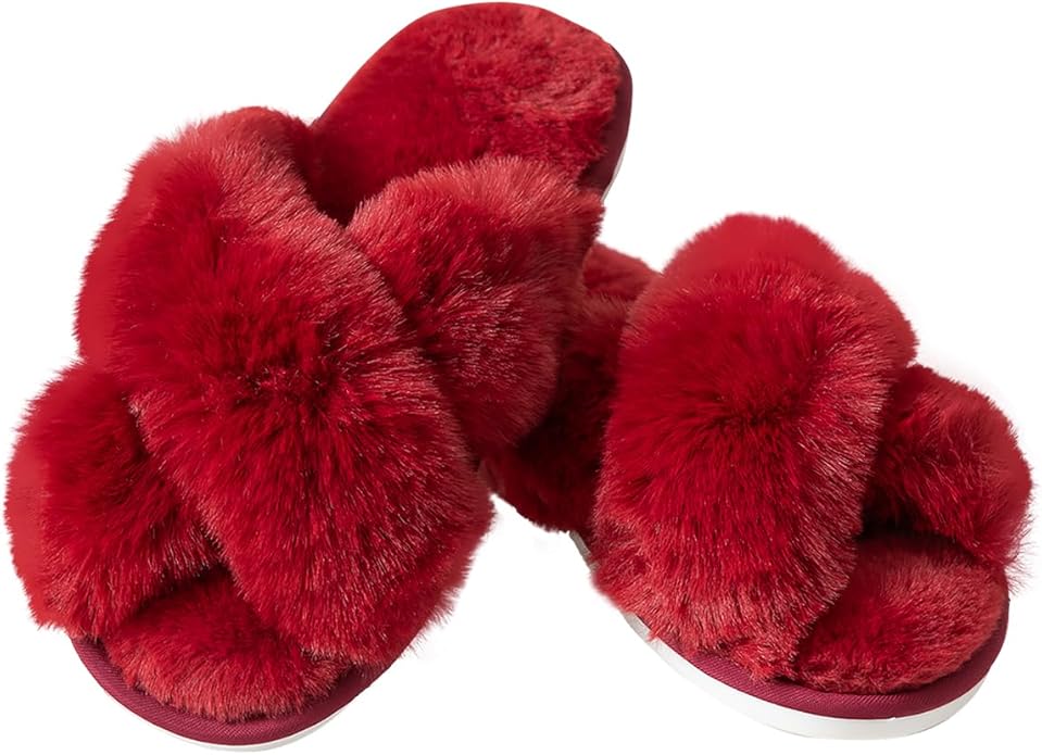 Women's Slipper Memory Foam Cross Band Fuzzy Slippers Open Toe Cozy House Slippers Cozy Plush Bedroom Indoor Outdoor