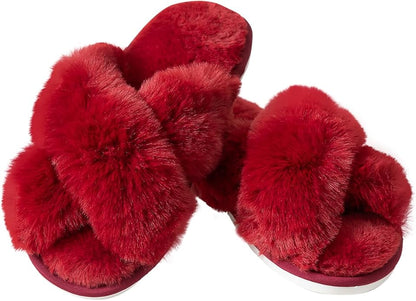 Women's Slipper Memory Foam Cross Band Fuzzy Slippers Open Toe Cozy House Slippers Cozy Plush Bedroom Indoor Outdoor