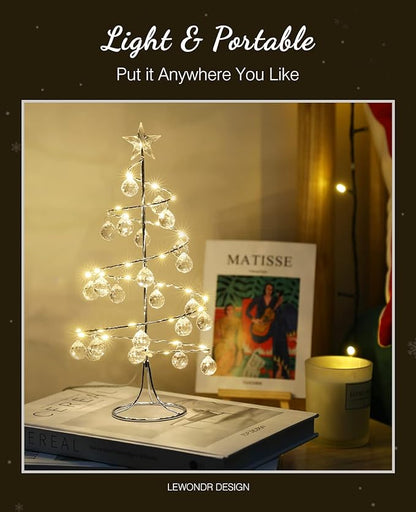 Lewondr Christmas Tree Lamp, 13 Inch Battery/USB Powered Crystal Spiral Christmas Tree Lava Lamp with Star Topper, Xmas Tree Light with Metal Stand Acrylic Balls for Home Bedroom Xmas, Silver