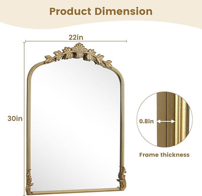 WallBeyond Gold Antique Mirror for Vanity 22x30 Inch, Gold Vintage Wall Mirror with Ornate Frame, Arched Vintage Wall for Bathroom, Living Room, Fireplace