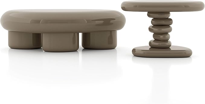 24/7 Shop at Home Kavren Modern 37-inch 2-Piece Oval Glossy Low Profile Coffee Table Set, Stone Shape Living Room Furniture for Small Space, Dark Brown