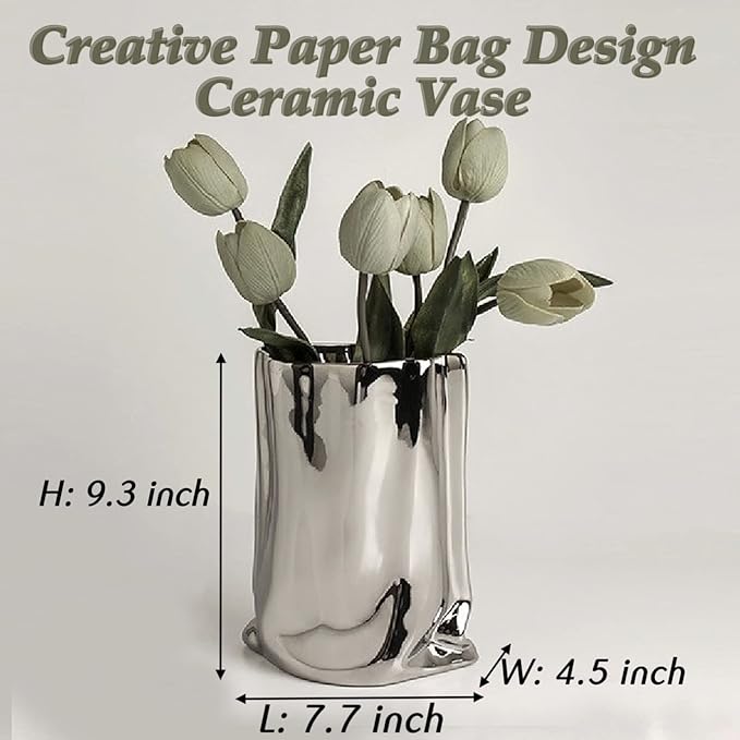 BLOFLO Silver Ceramic Modern Vase Crinkle Fold Paper Bag Handmade Ceramic Vase, Creative Flower Arrangement Ornaments, Decorative Vases for Home Decor, Mantel, Living Room Decoration (Silver)